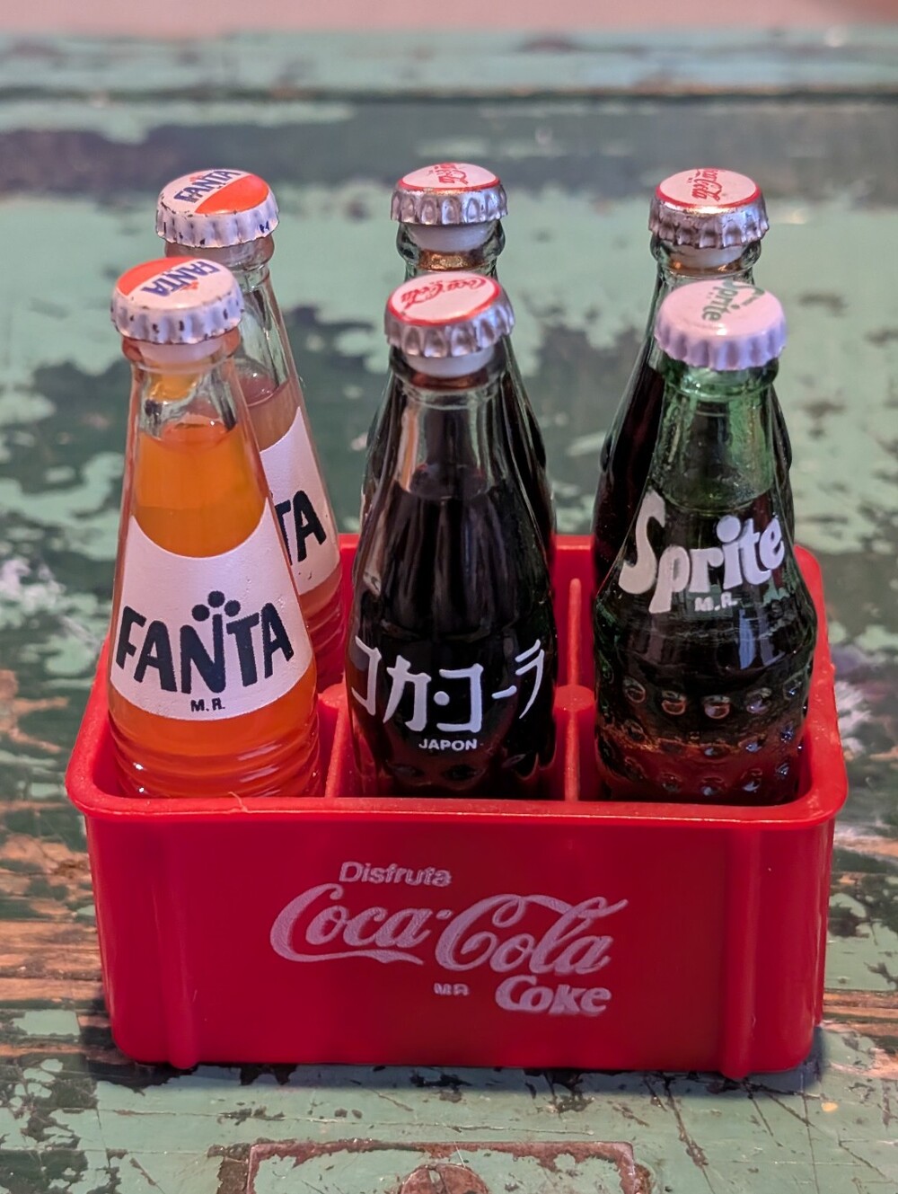 VINTAGE COKE, SPRITE, FANTA 6 PACK ~ MINI 3" GLASS BOTTLES & CARRIER FULL!